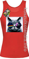 Kot w okularach tęczowo - kotowych - top damski - czerwona
