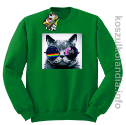 Kot w okularach tęczowo - kotowych - bluza z nadrukiem bez kaptura - zielony