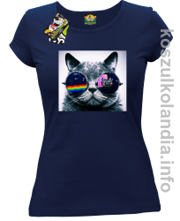 Kot w okularach tęczowo - kotowych - koszulka damska - granatowa