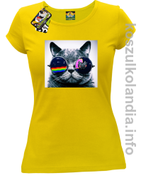 Kot w okularach tęczowo - kotowych - koszulka damska - żółta