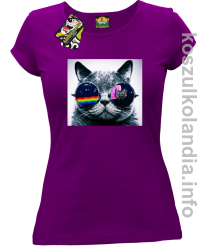 Kot w okularach tęczowo - kotowych - koszulka damska - fioletowa