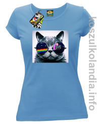 Kot w okularach tęczowo - kotowych - koszulka damska - błękitna