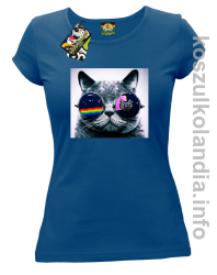 Kot w okularach tęczowo - kotowych - koszulka damska - niebieska