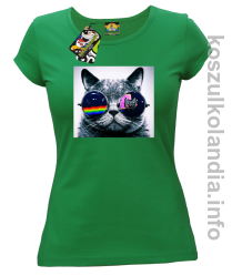 Kot w okularach tęczowo - kotowych - koszulka damska - zielona