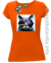 Kot w okularach tęczowo - kotowych - koszulka damska - pomarańczowa
