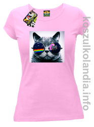 Kot w okularach tęczowo - kotowych - koszulka damska - różowa