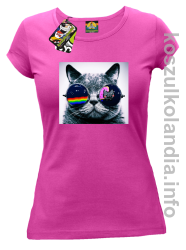 Kot w okularach tęczowo - kotowych - koszulka damska - fuksja