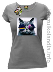 Kot w okularach tęczowo - kotowych - koszulka damska - szara