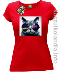 Kot w okularach tęczowo - kotowych - koszulka damska - czerwona