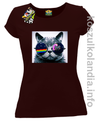 Kot w okularach tęczowo - kotowych - koszulka damska - brązowa