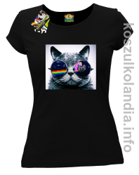 Kot w okularach tęczowo - kotowych - koszulka damska - czarna