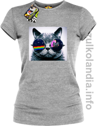 Kot w okularach tęczowo - kotowych - koszulka damska - melanż