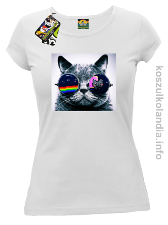 Kot w okularach tęczowo - kotowych - koszulka damska - biała