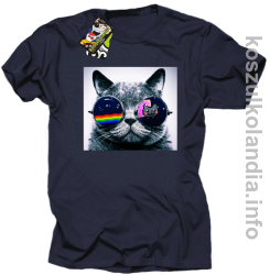 Kot w okularach tęczowo - kotowych - koszulka męska - granatowa