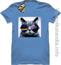 Kot w okularach tęczowo - kotowych - koszulka męska - błękitna