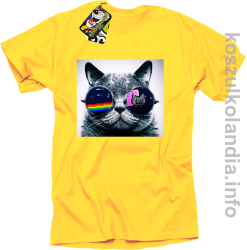 Kot w okularach tęczowo - kotowych - koszulka męska - żółta