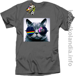 Kot w okularach tęczowo - kotowych - koszulka męska - szara