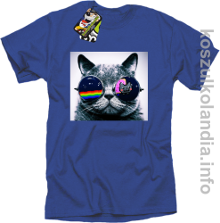 Kot w okularach tęczowo - kotowych - koszulka męska - niebieska