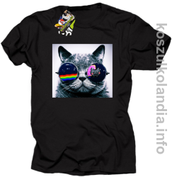 Kot w okularach tęczowo - kotowych - koszulka męska - czarna