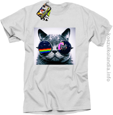 Kot w okularach tęczowo - kotowych - koszulka męska - biała