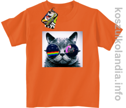 Kot w okularach tęczowo - kotowych - koszulki dziecięce - pomarańczowa