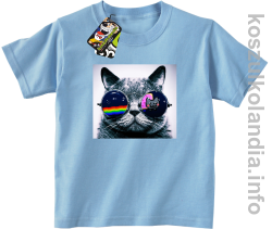 Kot w okularach tęczowo - kotowych - koszulki dziecięce - błękitna