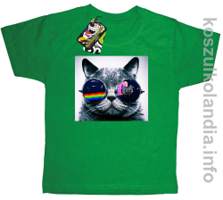 Kot w okularach tęczowo - kotowych - koszulki dziecięce - zielona