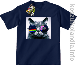 Kot w okularach tęczowo - kotowych - koszulki dziecięce - granatowa