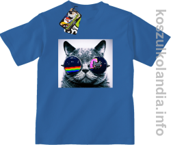Kot w okularach tęczowo - kotowych - koszulki dziecięce - niebieska
