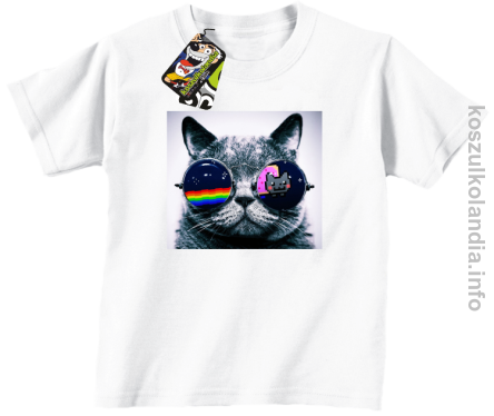 Kot w okularach tęczowo - kotowych - koszulki dziecięce - biała