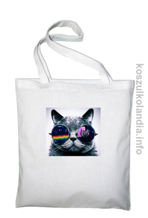 Kot w okularach tęczowo - kotowych - torba bawełniana - biały