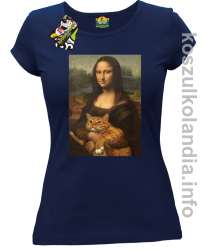 Mona Lisa z kotem - koszulka damska granatowa 