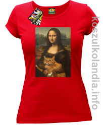 Mona Lisa z kotem - koszulka damska czerwona 